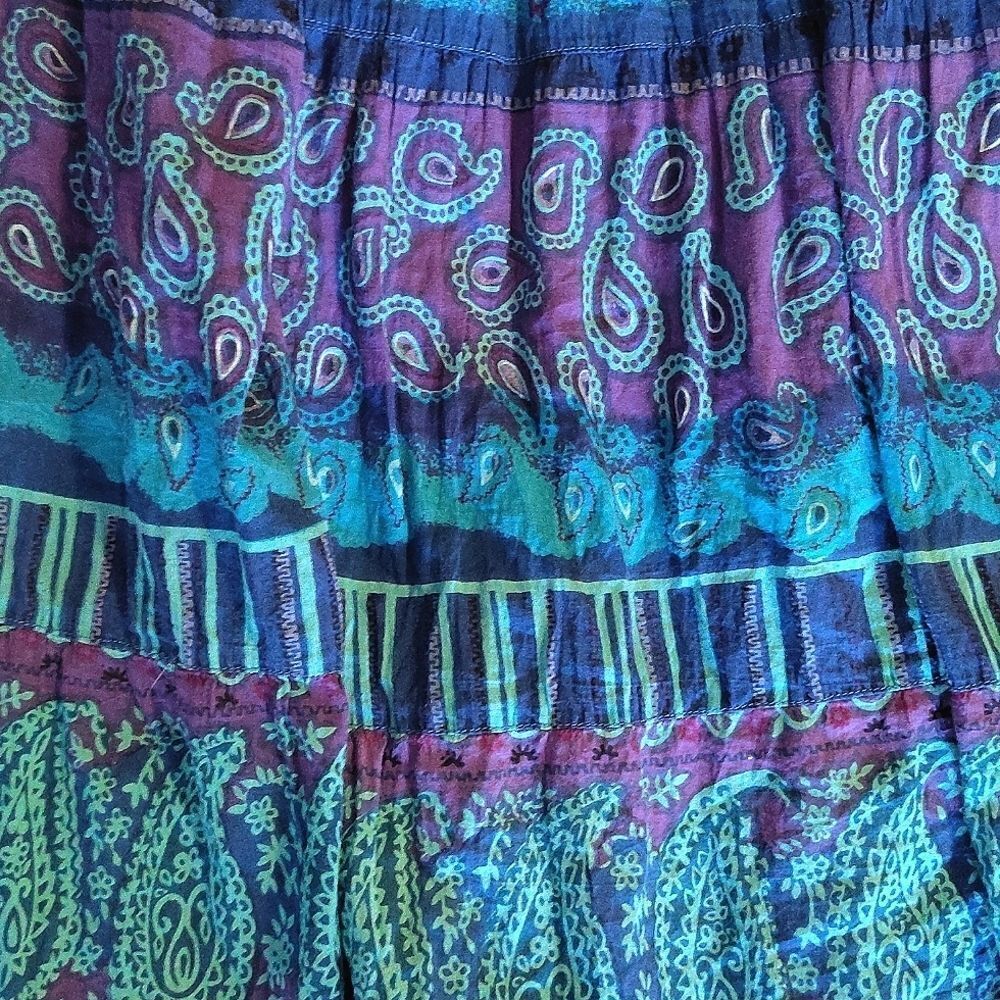 VTG 80s Blue Teal Purple Paisley Print Cotton Broomstick Midi Skirt Medium - Picture 4 of 13